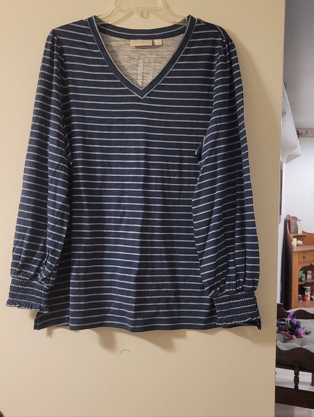 Belle By Kim Gravel Slub Knit Indigo Pin Stripe Top 1X NEW